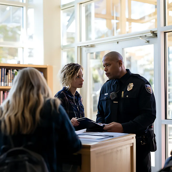 Police officer reviews documents with a colleague and two people at an indoor security checkpoint.