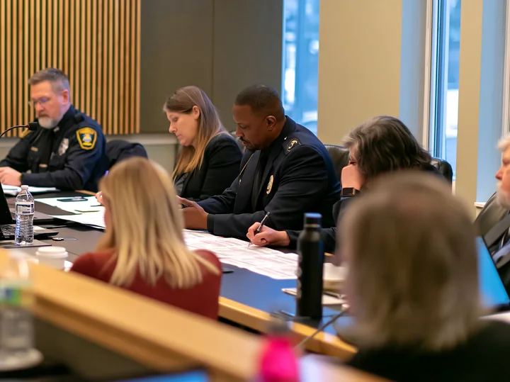 Police officials and civic representatives meet around a conference table with documents and microphones.