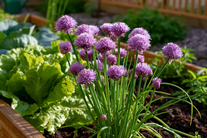 Purple chive flowers bloom above green leaves in a sunny raised herb garden.