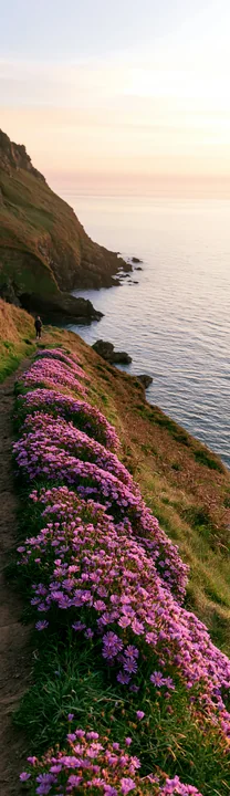 Purple coastal flowers line a grassy cliff above calm ocean water at sunset.