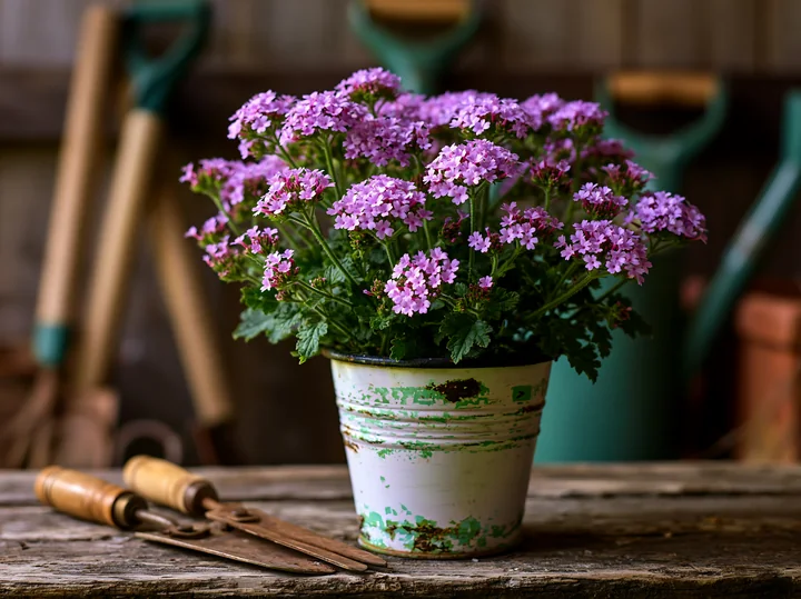 Purple flowers fill a metal pot, sitting on a worn wooden table.