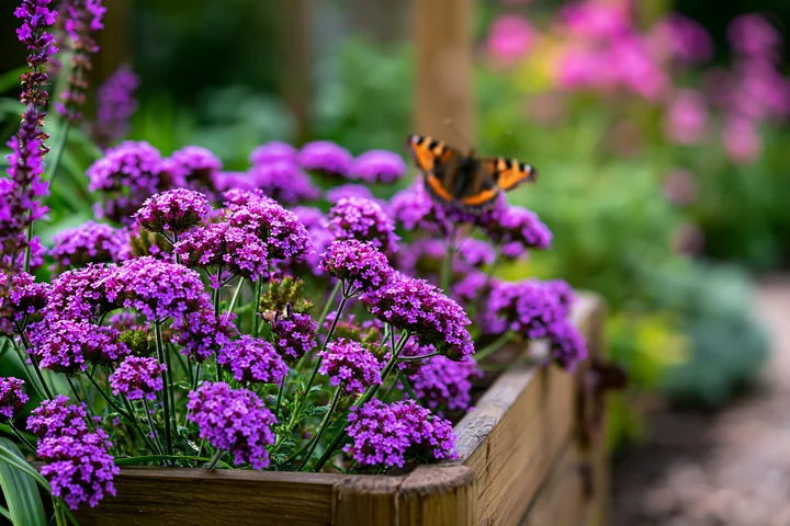 Purple verbena flowers in a wooden container attract a butterfly in a garden.