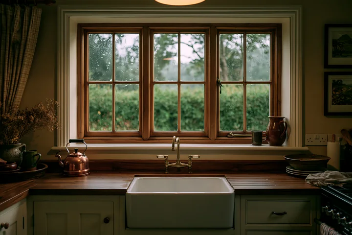 Rain-soaked wooden window in rural home shows a kitchen with a large sink and wooden countertop.