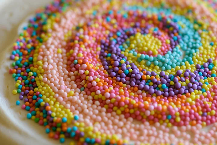 Rainbow sprinkles arranged in a swirl create a colorful pattern on a dessert surface.