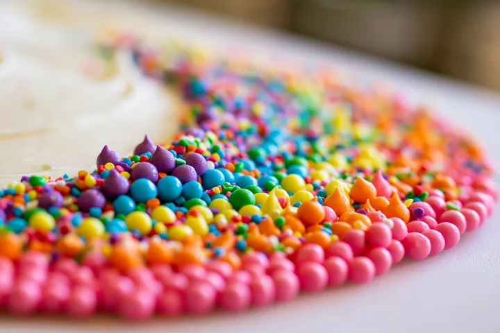 Rainbow sprinkles arranged in a swirl decorate the edge of a dessert.
