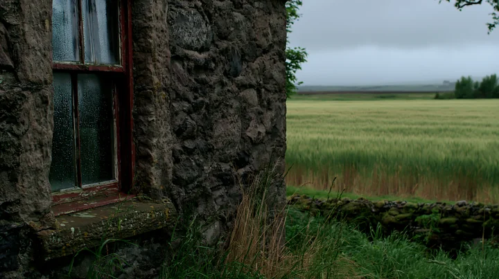 Raindrops cover a small cottage window, showing a green field beyond.