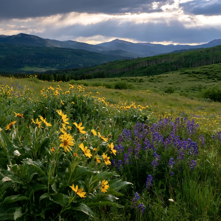 A meadow filled with yellow and purple wildflowers stretches towards distant mountains under a cloudy sky, showcasing a natural landscape after rainfall.