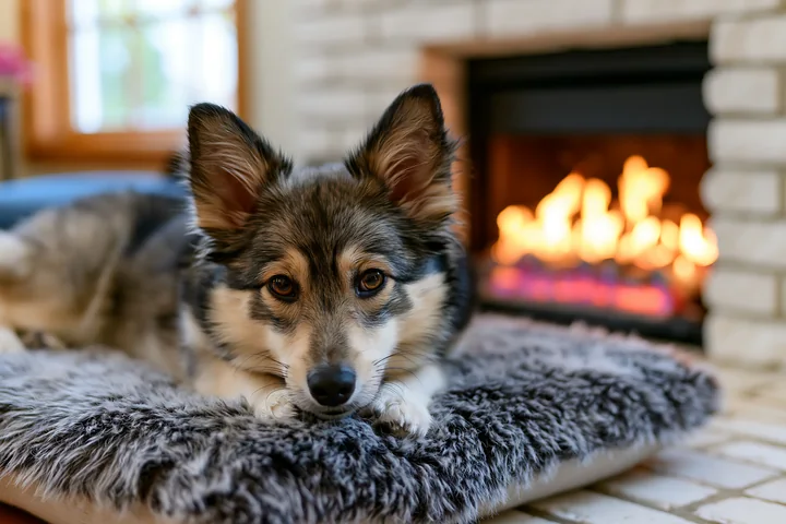 Rare dog breed resting on a fluffy blanket beside a glowing fireplace indoors.