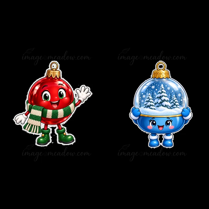 Two cartoon ornaments are smiling and waving. The red ornament has a green and white striped scarf, while the blue ornament has a snow globe design featuring tr