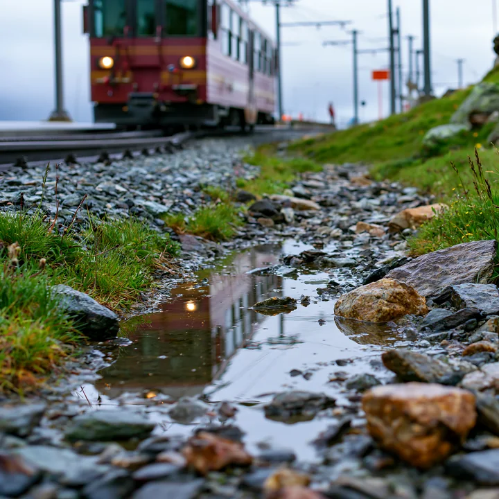 Red train approaching on coastal tracks beside wet rocks, grass, and puddles under an overcast sky.