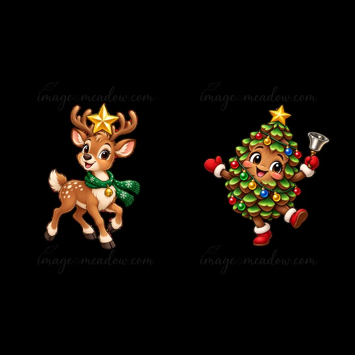 A joyful reindeer wearing a green scarf has a star on its head. Next to it, a animated Christmas tree character carries a bell and has colorful ornaments. Both