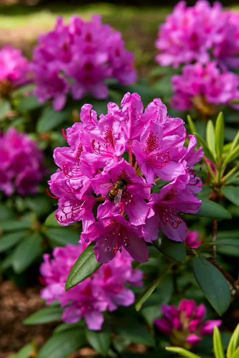 Rhododendron blooming hillside displays vibrant pink flowers with a bee collecting pollen.