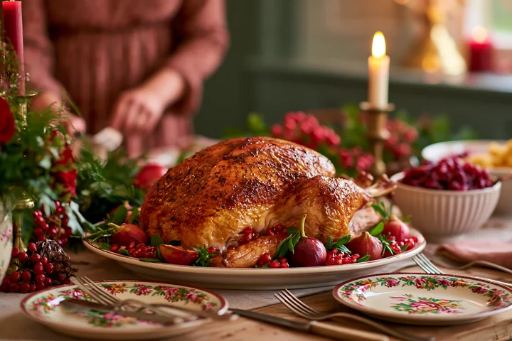 Roasted turkey is placed on a festive dining table surrounded by decorations and side dishes.