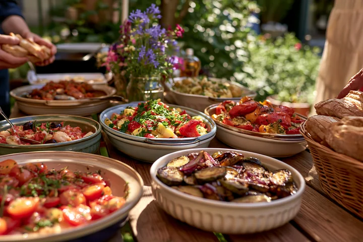Roasted vegetables and other vegetarian dishes fill serving bowls on a sunlit outdoor buffet table.
