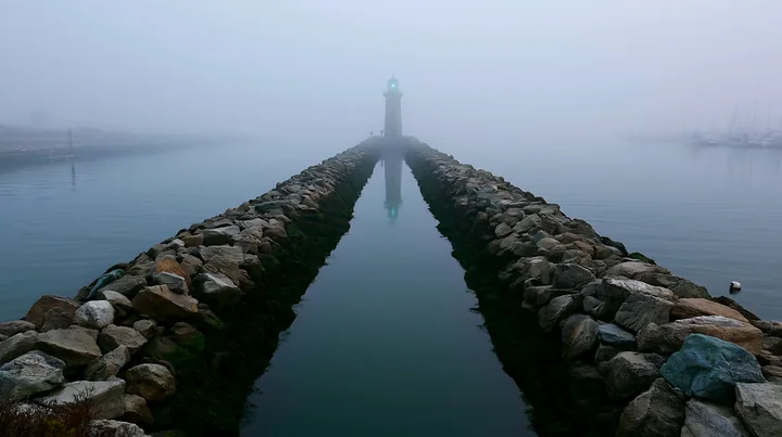 Rocky harbor breakwater leads through calm foggy water toward a distant lighthouse.