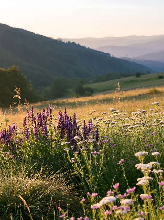 Wildflowers bloom in a rolling valley meadow during sunset. The colors of the flowers contrast with the green grass and distant hills. Soft light casts long sha