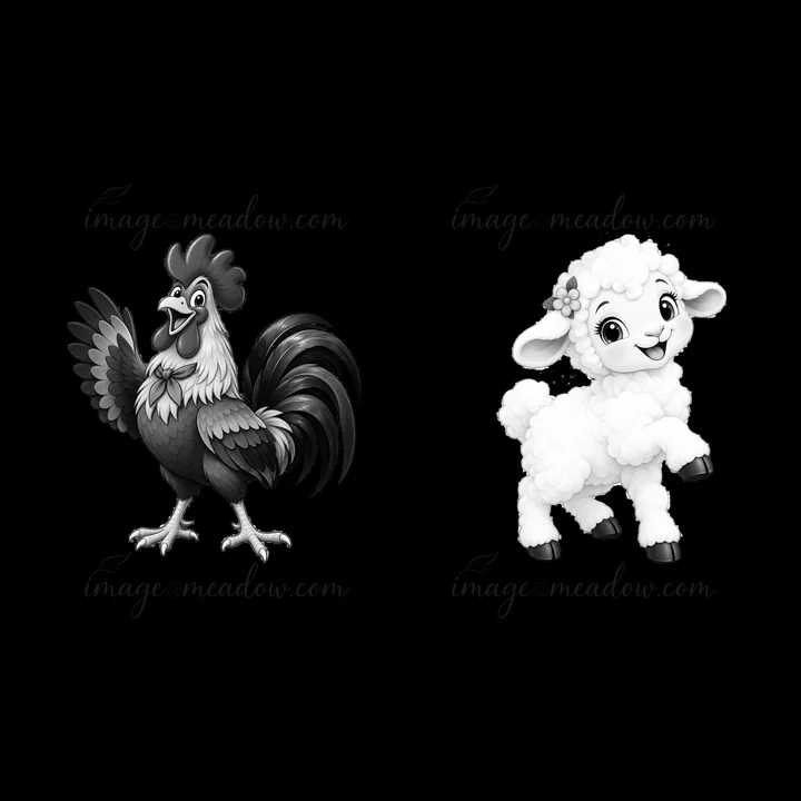 A cartoon rooster stands proudly on one side with wings spread open. On the other side, a cheerful lamb hops playfully. Both characters are designed in black-an