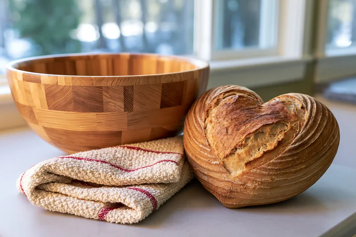 Rustic heart-shaped artisan bread loaf beside a wooden bowl and folded towel on a sunlit kitchen counter.