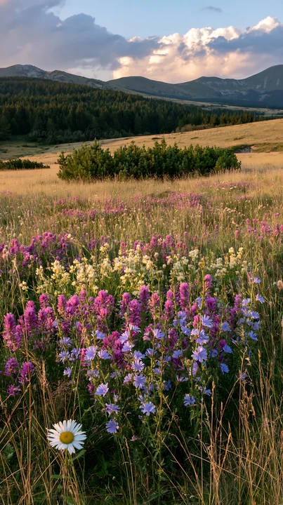 A meadow features a mix of sainfoin and chicory plants with wildflowers blooming in pink, purple, and yellow colors. Mountains can be seen in the background dur