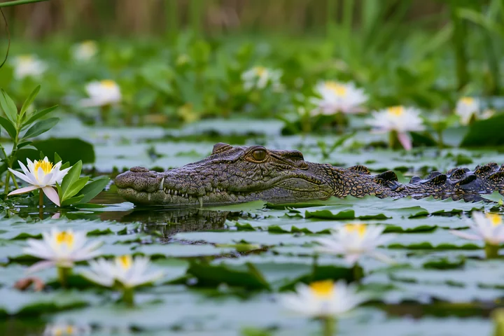 Saltwater crocodile floats among water lilies in a green wetland, with its head and ridged back above the water.