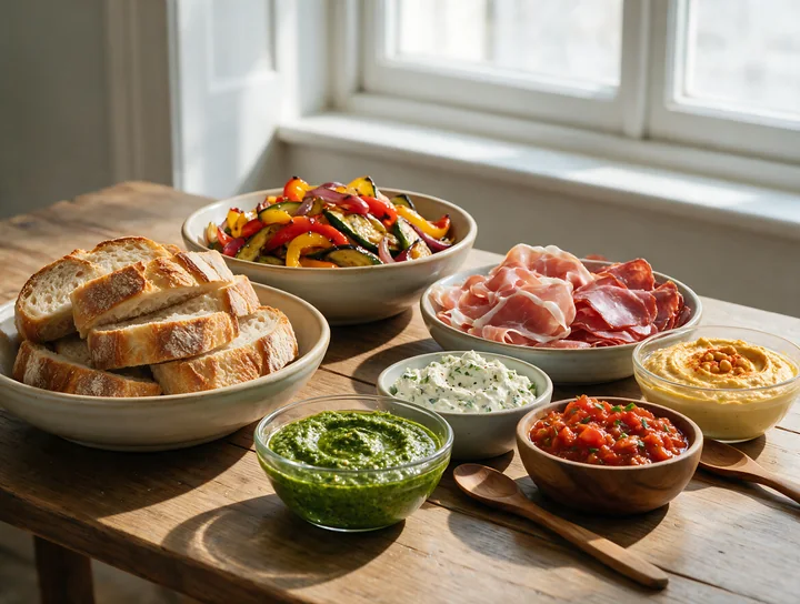Sandwich buffet station with sliced bread, meats, grilled vegetables, and assorted spreads on a wooden table.