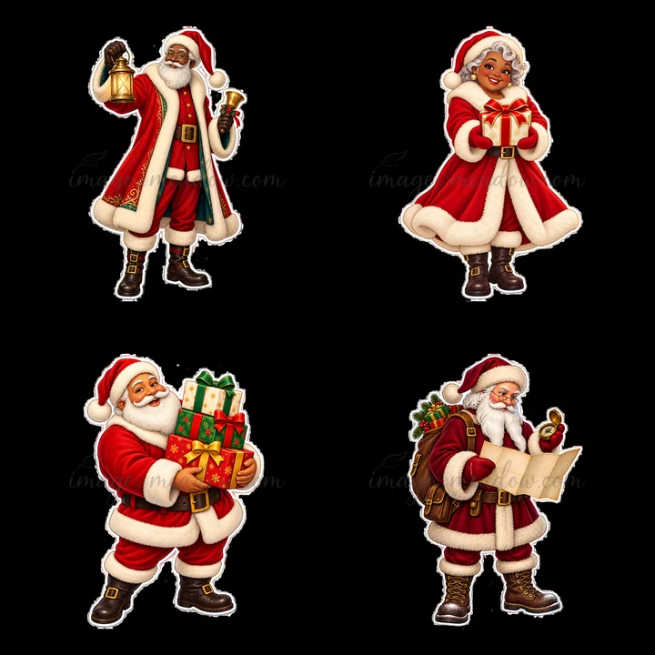 A colorful illustration features four Santa Claus figures in a 2x2 layout. Two Santa figures hold bells, while one carries gifts.