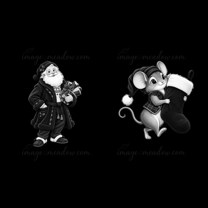 Santa stands with gifts in his hands near a mouse carrying a Christmas stocking. This festive scene highlights the holiday spirit with these playful characters.
