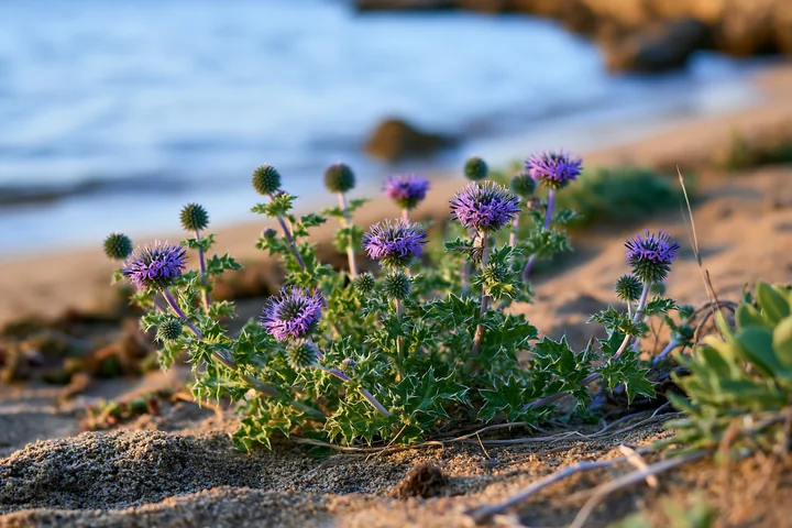 Sea holly flowers grow along a sandy beach by the coast, with a backdrop of gentle waves and rocky formations.
