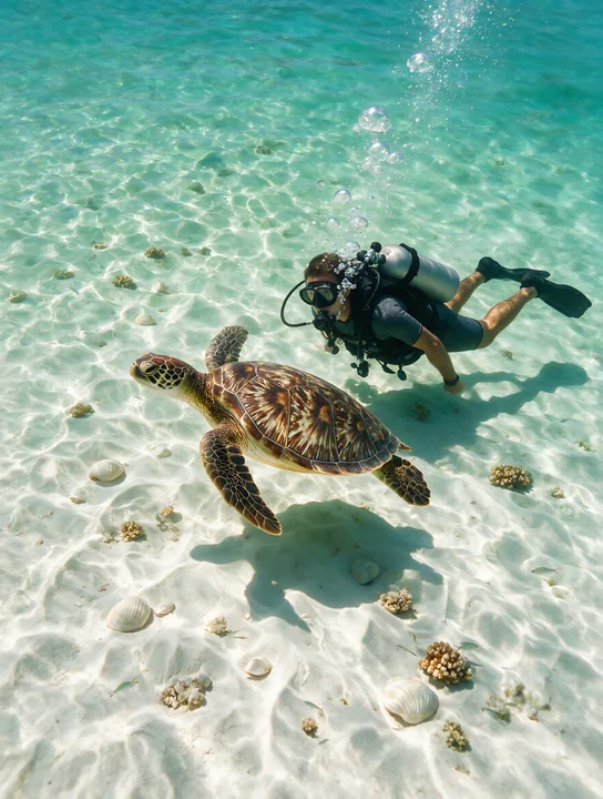 Sea turtle swimming beside a scuba diver over a bright sandy seabed in clear shallow water.