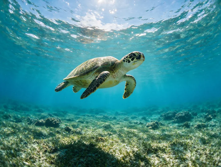 Sea turtle swims above aquatic plants in clear turquoise seawater beneath a bright, rippling surface.