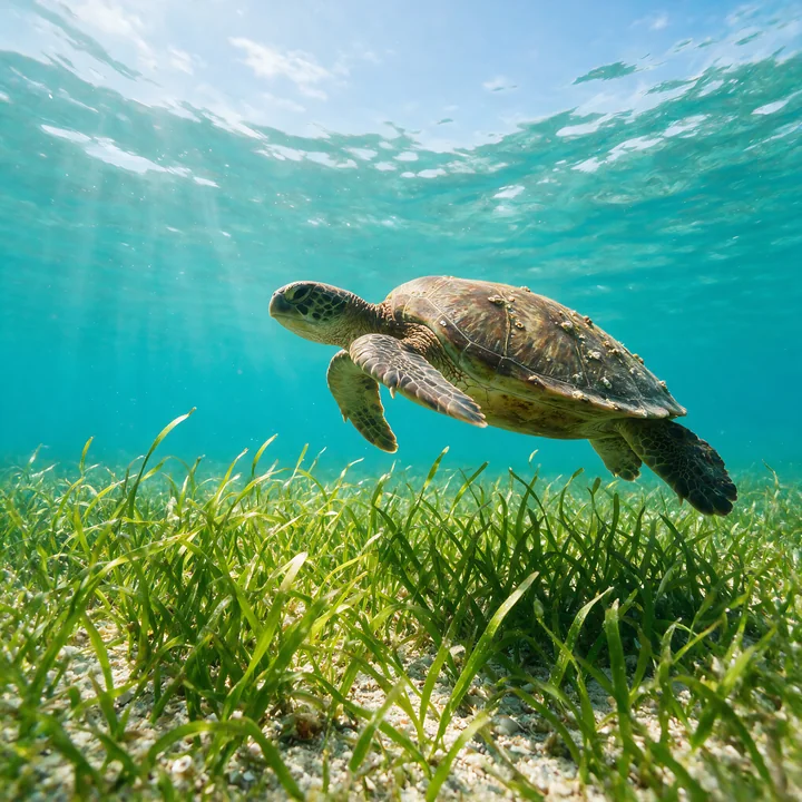 Sea turtle swims above underwater seagrass in clear turquoise water with sunlight filtering from the surface.