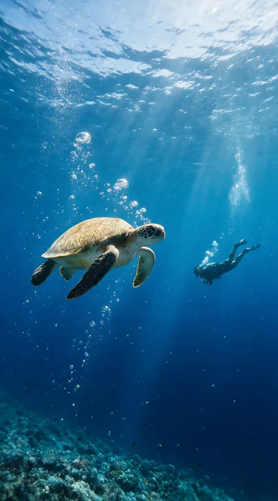 Sea turtle swims beside a scuba diver above a coral reef in clear blue ocean water.
