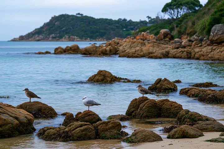 Seagulls stand on exposed rocks along the coastline while the tide rolls in.