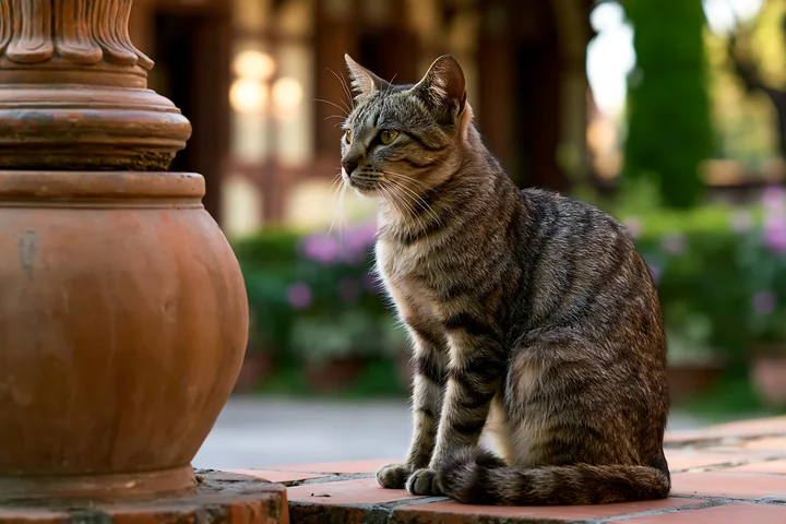 Seated tabby cat beside a large decorative planter in a leafy garden.