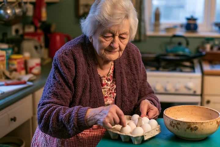 Senior woman with dementia preparing simple food is seen arranging eggs in a kitchen setting.