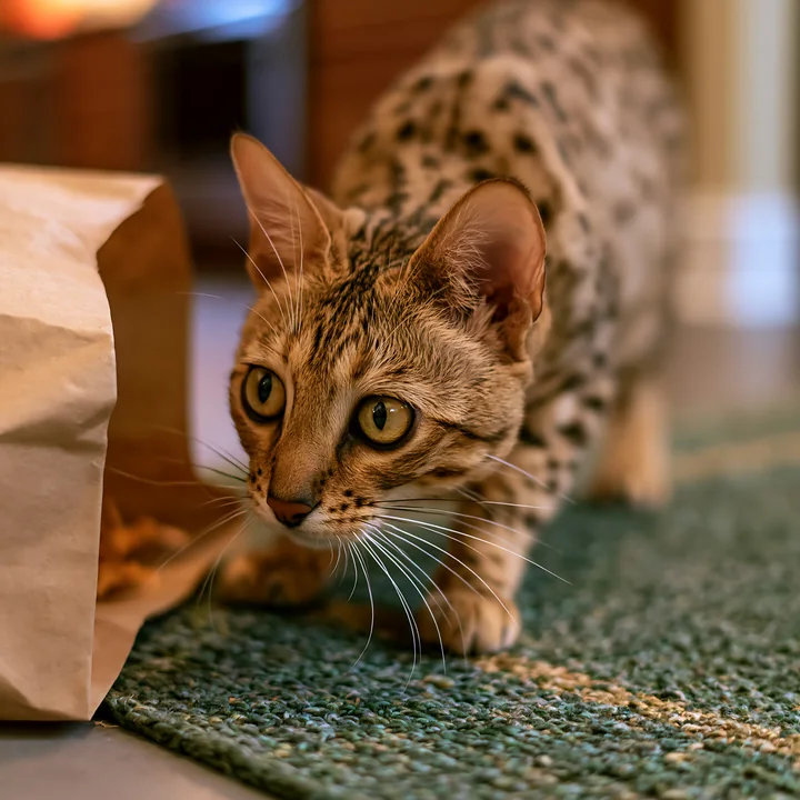 Serengeti cat crouches on a textured rug beside a paper bag indoors.