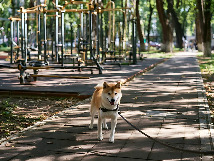 Shiba Inu on a leash stands on a paved park path beside outdoor exercise equipment and trees.