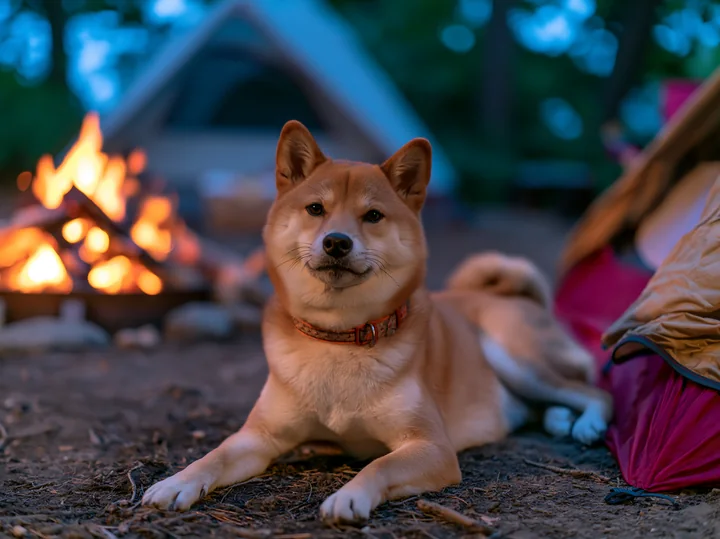 Shiba Inu resting on the ground beside a tent and glowing campfire at a forest campsite.