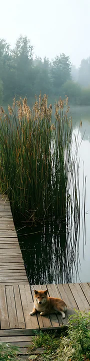 Shiba Inu rests on a wooden deck beside a misty pond, with tall reeds and calm water nearby.