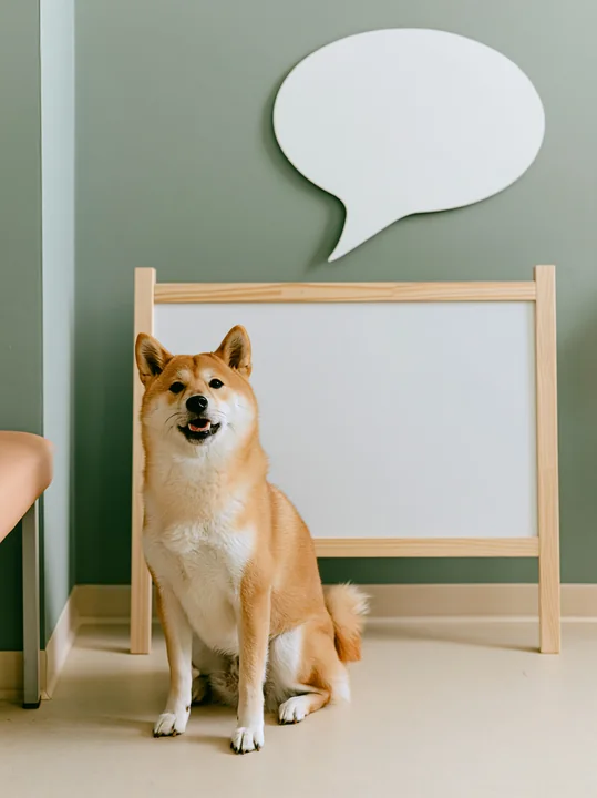 Shiba inu sitting beside a blank speech bubble board indoors against a muted green wall.