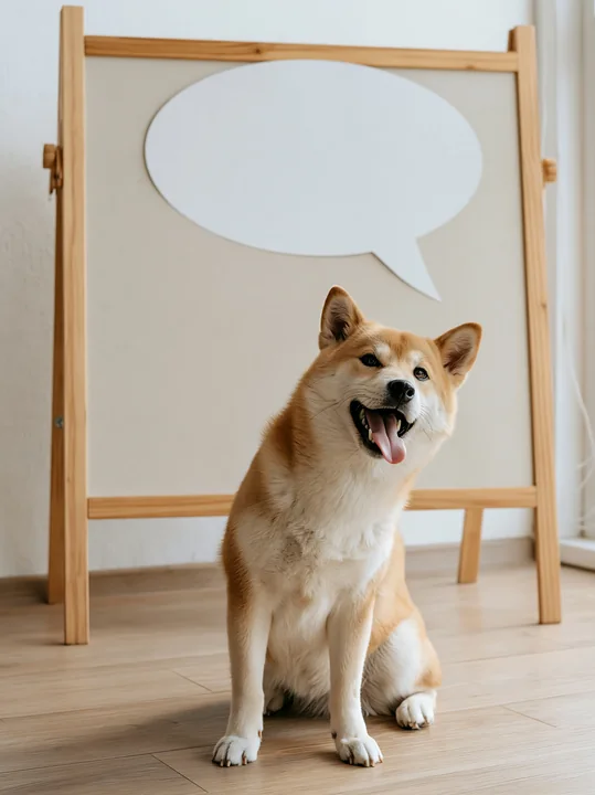 Shiba Inu sitting on a wooden floor beside an empty speech bubble board indoors.