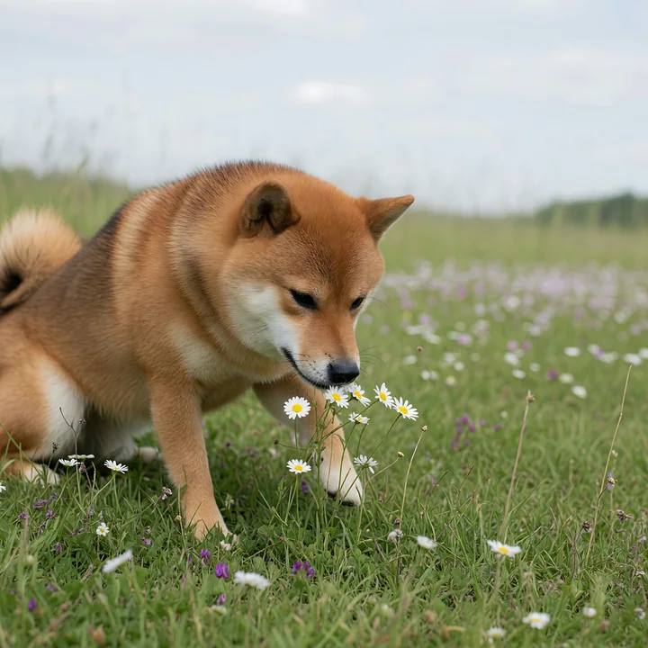 Shiba Inu sniffing white daisies in a green spring meadow beneath a pale blue sky.