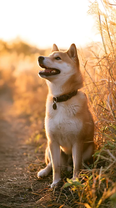 Shiba Inu standing among tall grasses on a natural path in warm golden hour light.