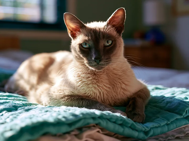 Short-haired Suphalak cat resting on a rumpled bed and looking directly at the camera.