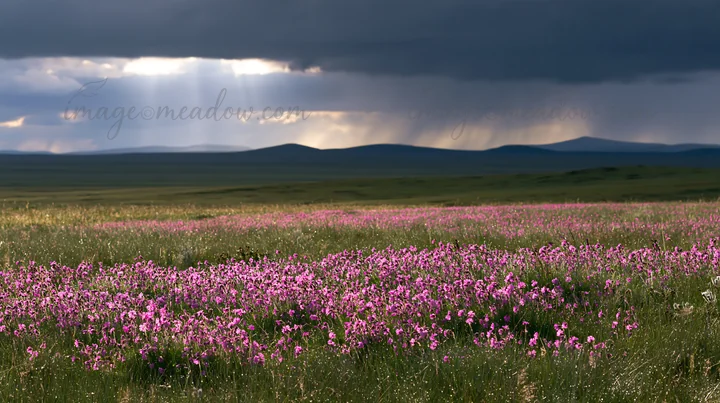 A meadow filled with pink flowers stretches across the landscape. The sky has dark clouds with rays of sunlight breaking through. This scene captures a natural