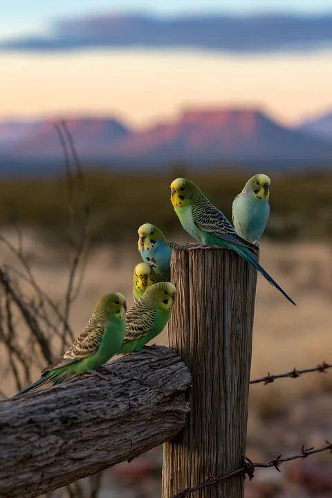Six colorful budgerigars perch on weathered fence posts against a softly blurred desert mountain landscape.