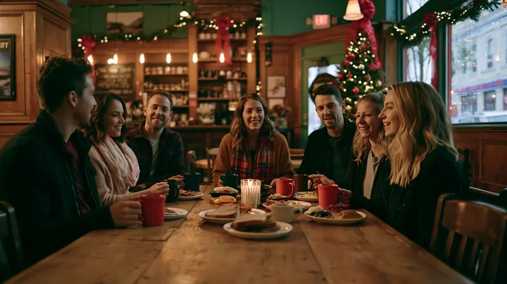Six friends share coffee and pastries around a wooden table in a warmly decorated festive coffee shop.