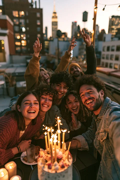 Six smiling friends celebrate around a candlelit birthday cake on a city terrace at sunset.