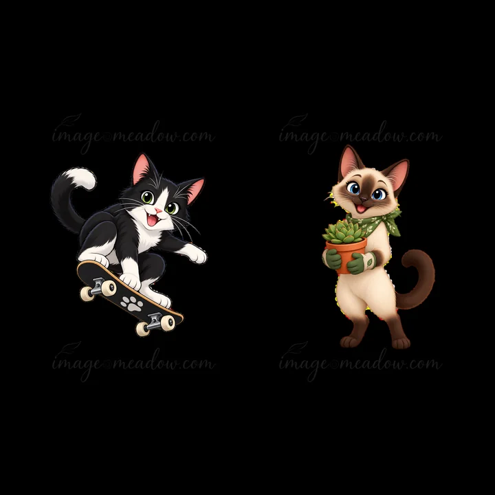 A black and white cat skateboards while smiling. Beside it, a brown cat holds a potted plant, showing a friendly stance. Both characters have distinct expressio