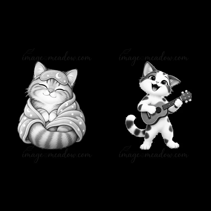 One cat sleeps snugly under a starry blanket while a second cat stands cheerful with a guitar. This playful scene captures their fun and cozy expressions.